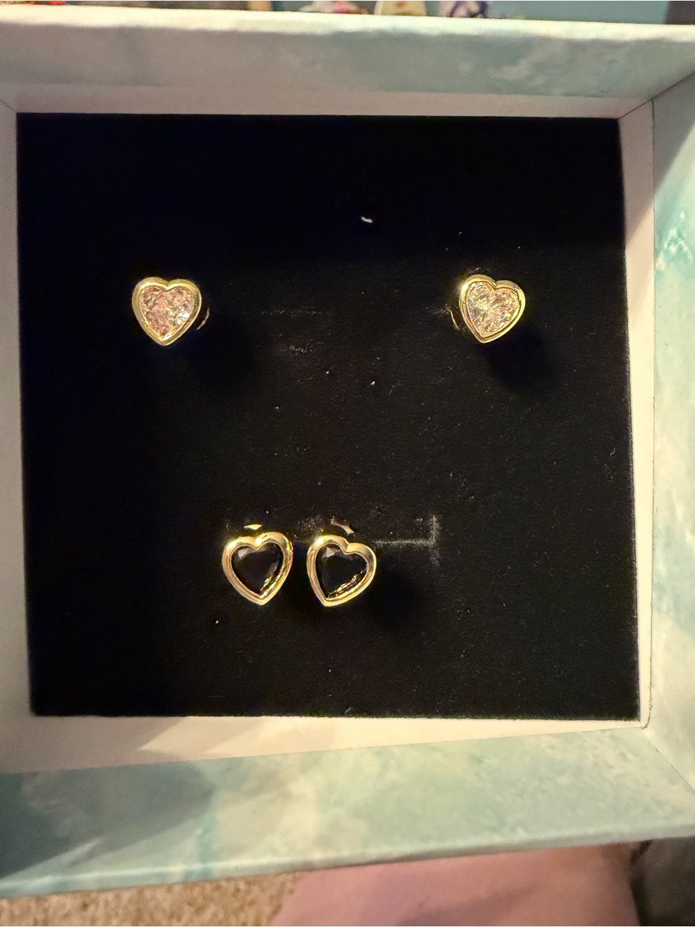 2 Pair Heart Stud Earrings Set Black & Clear Stone Gold Tone